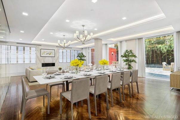 Chandelier, Dining room, Fireplace, Interior, Living room, Pendant Lights, Recessed Lighting, Wood Texture Flooring