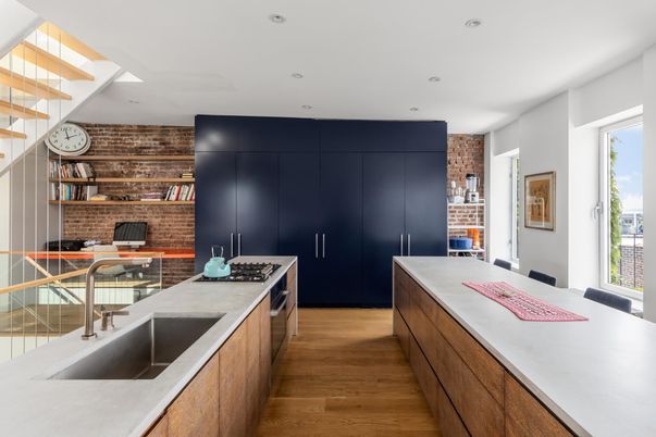 Interior, Kitchen, Recessed Lighting, Stone Walls, Wood Texture Flooring