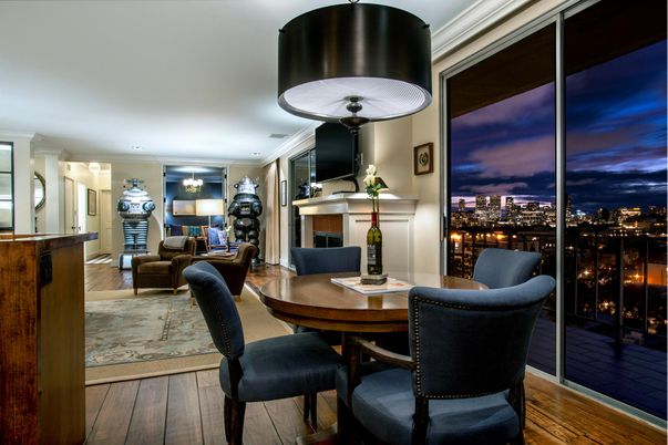 Dining room, Fireplace, Interior, Living room, Recessed Lighting, Wood Texture Flooring