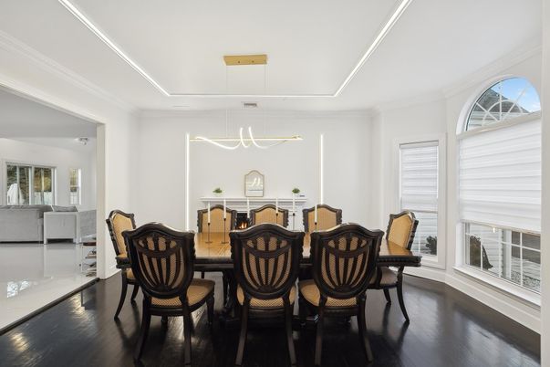Dining room, Interior, Pendant Lights, Wood Texture Flooring