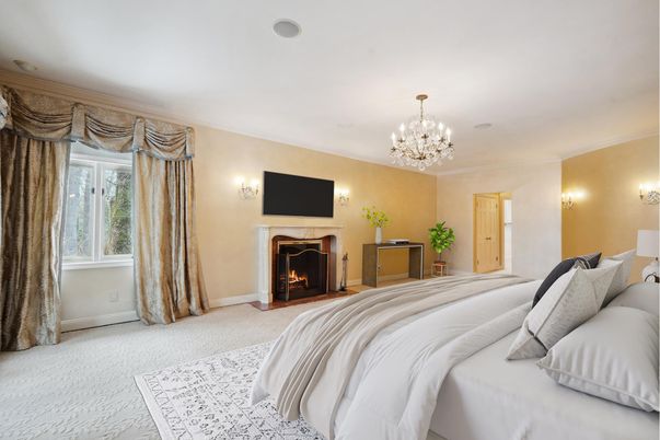 Bedroom, Chandelier, Fireplace, Interior