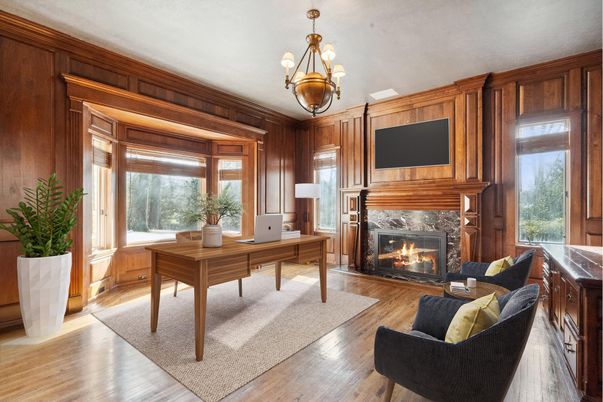 Chandelier, Fireplace, Home Office, Interior, Pendant Lights, Wood Texture Flooring, Wooden Walls
