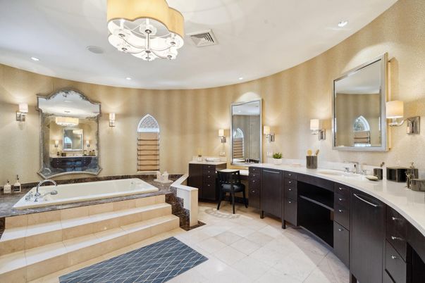 Bathroom, Chandelier, Dual Sink Vanities, Interior, Recessed Lighting