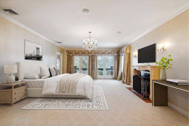 Bedroom, Chandelier, Fireplace, Interior