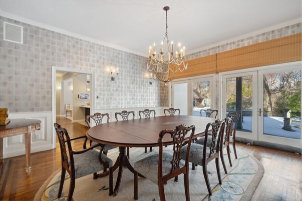 Chandelier, Dining room, Interior, Wood Texture Flooring