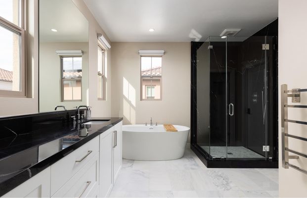 Bathroom, Dual Sink Vanities, Free Standing Baths, Glass Shower, Interior, Marble, Marble Walls, Recessed Lighting