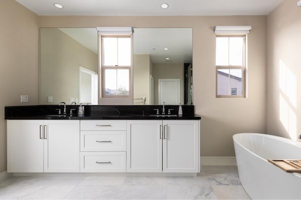 Bathroom, Dual Sink Vanities, Free Standing Baths, Interior, Marble, Recessed Lighting