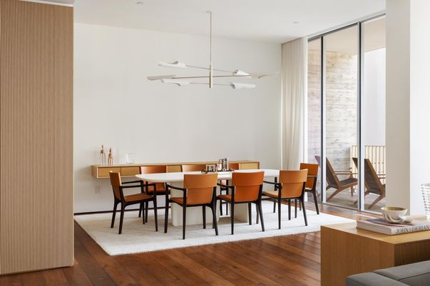 Dining room, Interior, Pendant Lights, Wood Texture Flooring