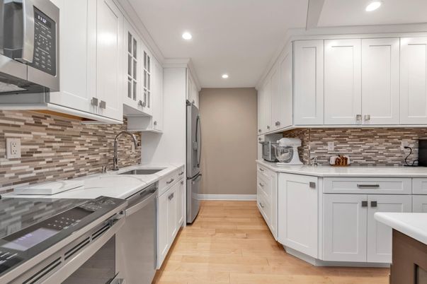 Interior, Kitchen, Recessed Lighting, Stainless Steel Appliances, Wood Texture Flooring