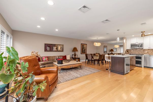 Dining room, Interior, Kitchen, Living room, Pendant Lights, Recessed Lighting, Stainless Steel Appliances, Wood Texture Flooring
