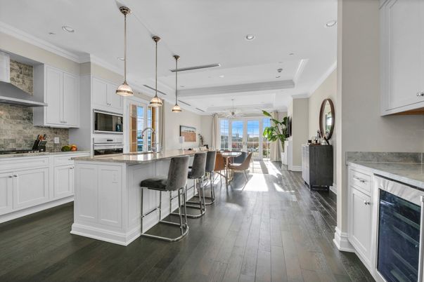 Dining room, Interior, Kitchen, Pendant Lights, Recessed Lighting, Stainless Steel Appliances, Wood Texture Flooring
