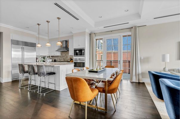 Dining room, Interior, Kitchen, Pendant Lights, Recessed Lighting, Stainless Steel Appliances, Wood Texture Flooring