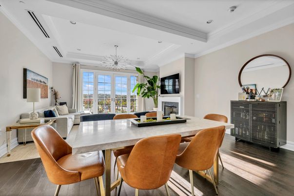 Dining room, Fireplace, Interior, Living room, Pendant Lights, Recessed Lighting, Wood Texture Flooring