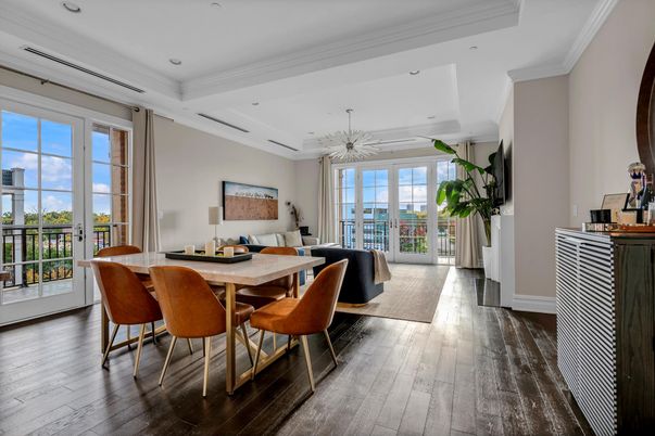 Dining room, Interior, Living room, Recessed Lighting, Wood Texture Flooring