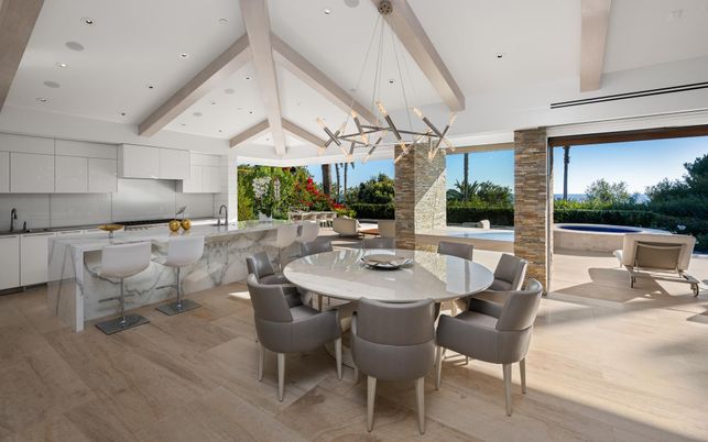 Dining room, Interior, Kitchen, Pendant Lights, Recessed Lighting, Stainless Steel Appliances, Wooden Beams, Wood Texture Flooring