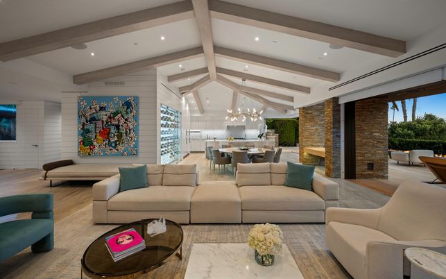 Dining room, Fireplace, Interior, Living room, Pendant Lights, Recessed Lighting, Stone Walls, Wooden Beams, Wood Texture Flooring