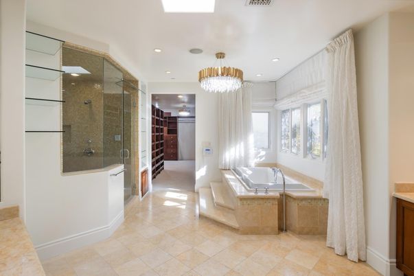 Bathroom, Chandelier, Glass Shower, Interior, Recessed Lighting