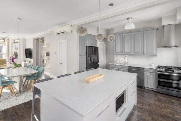 Dining room, Interior, Kitchen, Pendant Lights, Stainless Steel Appliances, Wood Texture Flooring