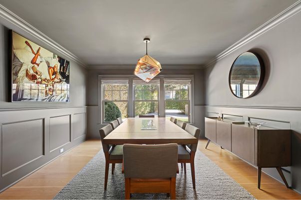 Dining room, Interior, Pendant Lights, Wood Texture Flooring