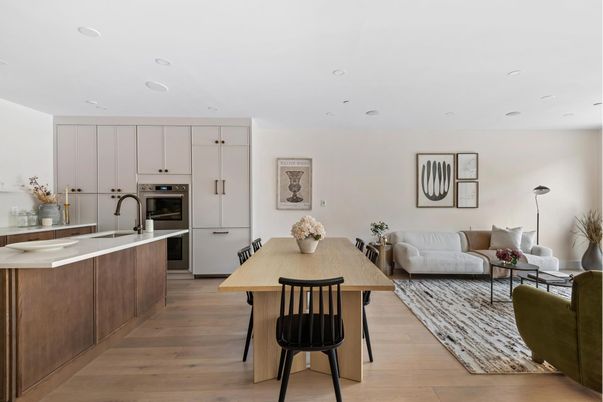 Interior, Kitchen, Living room, Recessed Lighting, Stainless Steel Appliances, Wood Texture Flooring