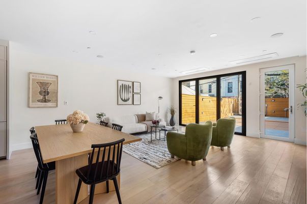 Dining room, Interior, Living room, Recessed Lighting, Wood Texture Flooring