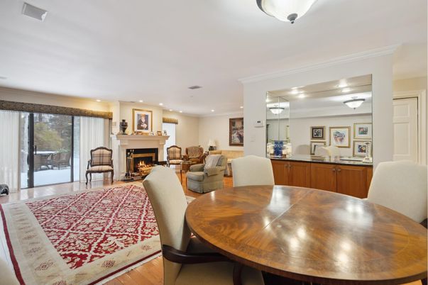 Dining room, Fireplace, Interior, Living room, Recessed Lighting, Wood Texture Flooring