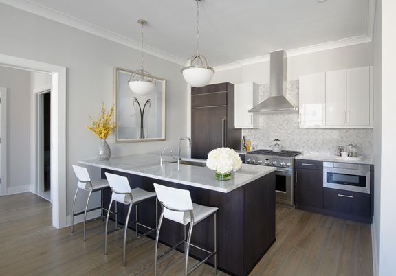 Interior, Kitchen, Pendant Lights, Stainless Steel Appliances, Wood Texture Flooring