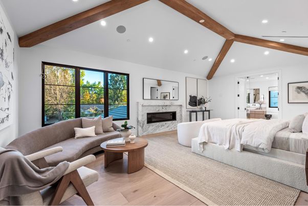 Bedroom, Fireplace, Interior, Living room, Recessed Lighting, Wooden Beams, Wood Texture Flooring