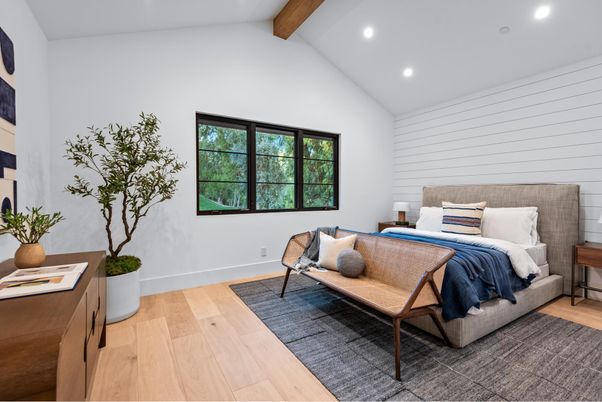 Bedroom, Interior, Recessed Lighting, Wooden Beams, Wood Texture Flooring