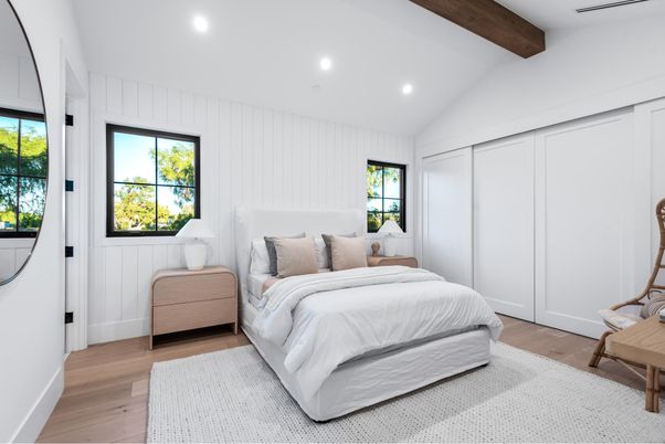Bedroom, Interior, Recessed Lighting, Wooden Beams, Wood Texture Flooring