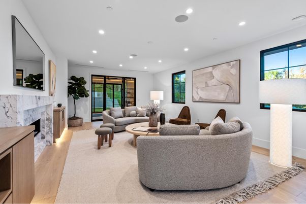 Fireplace, Interior, Living room, Recessed Lighting, Wood Texture Flooring