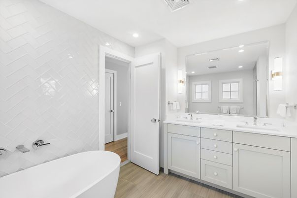 Bathroom, Dual Sink Vanities, Free Standing Baths, Interior, Recessed Lighting, Wood Texture Flooring