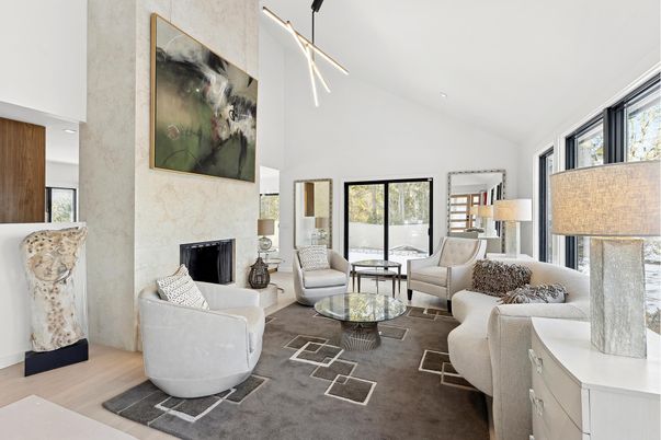 Fireplace, Interior, Living room, Pendant Lights, Recessed Lighting, Wood Texture Flooring