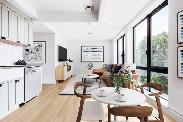Dining room, Interior, Kitchen, Living room, Recessed Lighting, Wood Texture Flooring