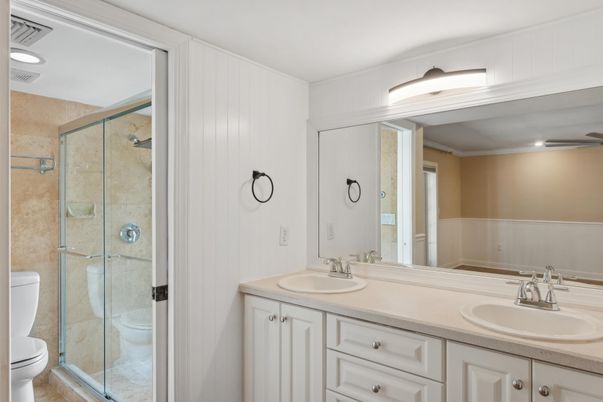 Bathroom, Dual Sink Vanities, Glass Shower, Interior, Recessed Lighting