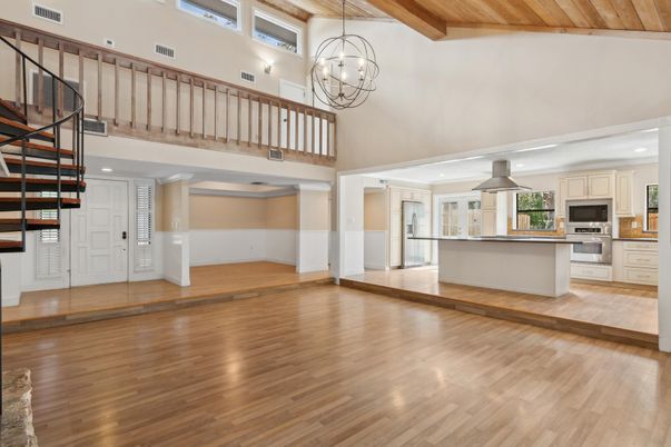 Chandelier, Interior, Kitchen, Pendant Lights, Recessed Lighting, Wooden Ceilings, Wood Texture Flooring