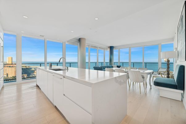 Dining room, Interior, Kitchen, Recessed Lighting, Water, Wood Texture Flooring