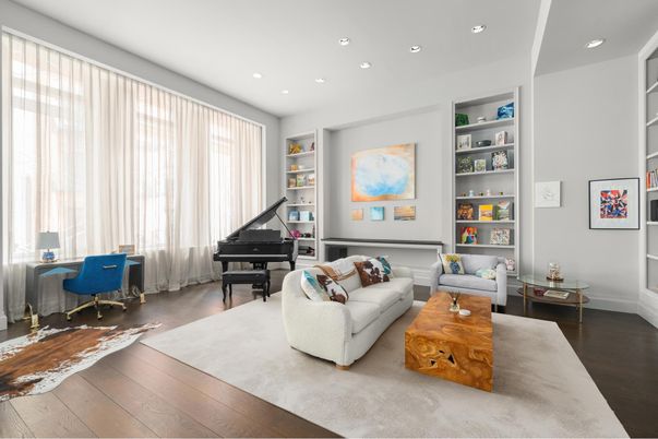Interior, Living room, Piano, Recessed Lighting, Wood Texture Flooring