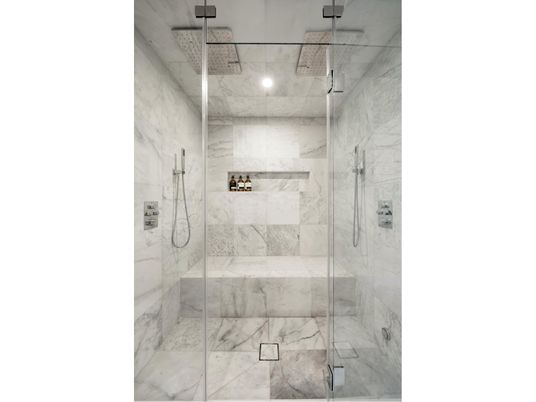 Bathroom, Glass Shower, Interior, Marble Walls, Recessed Lighting