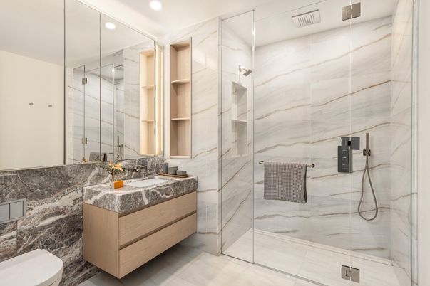 Bathroom, Glass Shower, Interior, Marble Walls, Recessed Lighting