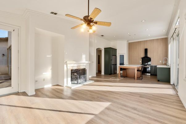 Fireplace, Home Office, Interior, Recessed Lighting, Wood Texture Flooring