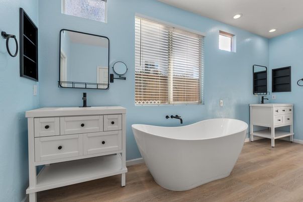 Bathroom, Dual Sink Vanities, Free Standing Baths, Interior, Recessed Lighting, Wood Texture Flooring