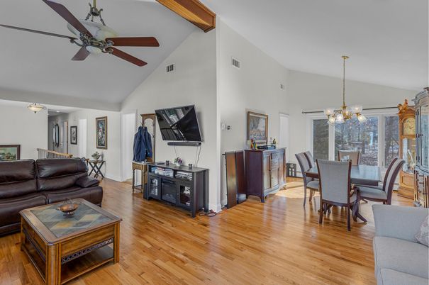 Chandelier, Dining room, Interior, Living room, Wooden Beams, Wood Texture Flooring