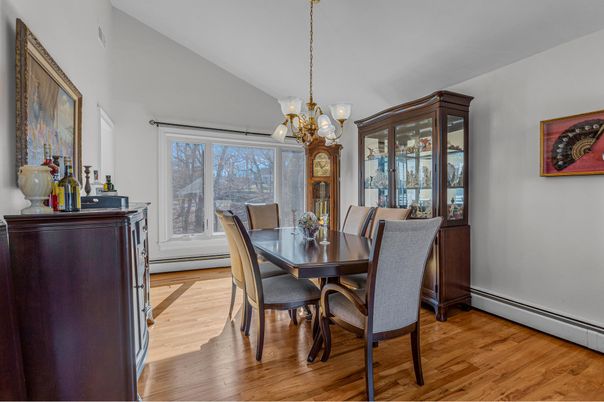 Chandelier, Dining room, Interior, Pendant Lights, Wood Texture Flooring