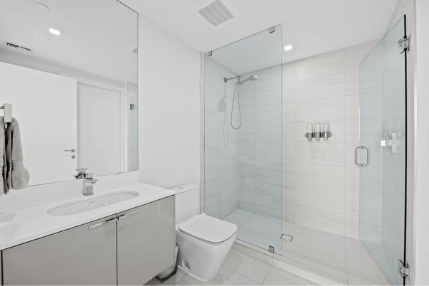 Bathroom, Glass Shower, Interior, Recessed Lighting