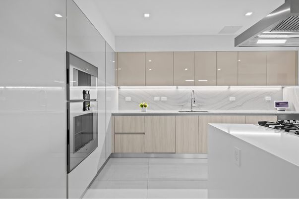 Interior, Kitchen, Marble Walls, Recessed Lighting, Stainless Steel Appliances