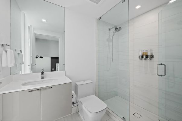 Bathroom, Glass Shower, Interior, Marble Walls, Recessed Lighting