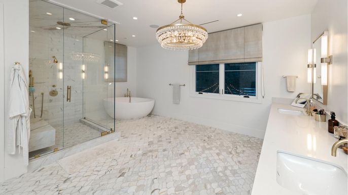 Bathroom, Chandelier, Dual Sink Vanities, Free Standing Baths, Glass Shower, Interior, Recessed Lighting