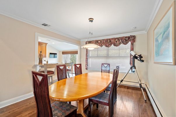 Dining room, Interior, Pendant Lights, Recessed Lighting, Wood Texture Flooring