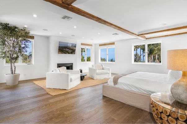 Bedroom, Fireplace, Interior, Recessed Lighting, Wood Texture Flooring